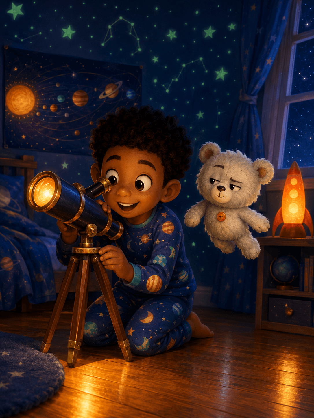 Jamere peering through his telescope with Captain Fluff floating beside him